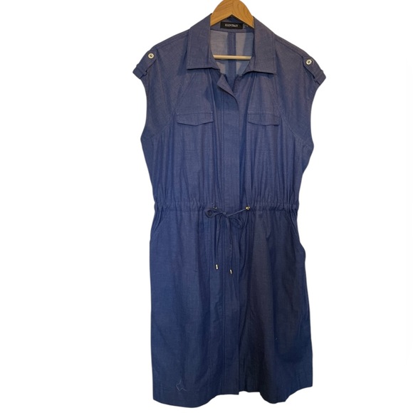 ELLEN TRACY Blue Cotton Denim-Look Sleeveless Zip-Up Drawstring Waist Dress 16W - Picture 1 of 15